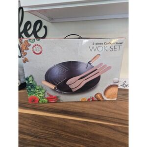 Chef's Counter 5 Piece Carbon Steel Wok Set 14 Inch Non-Stick with Utensils NEW